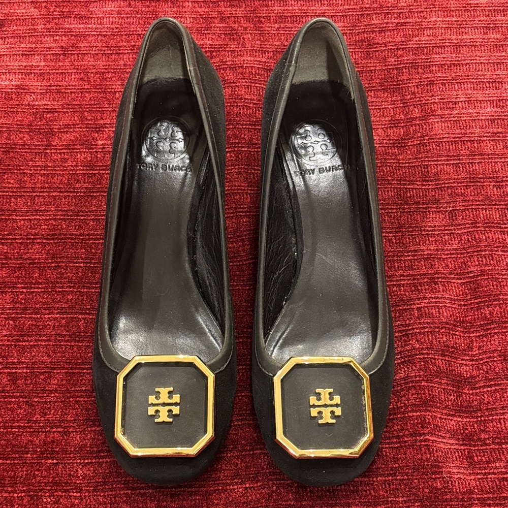 Tory Burch Black Suede Flats with Gold Logo Plaque